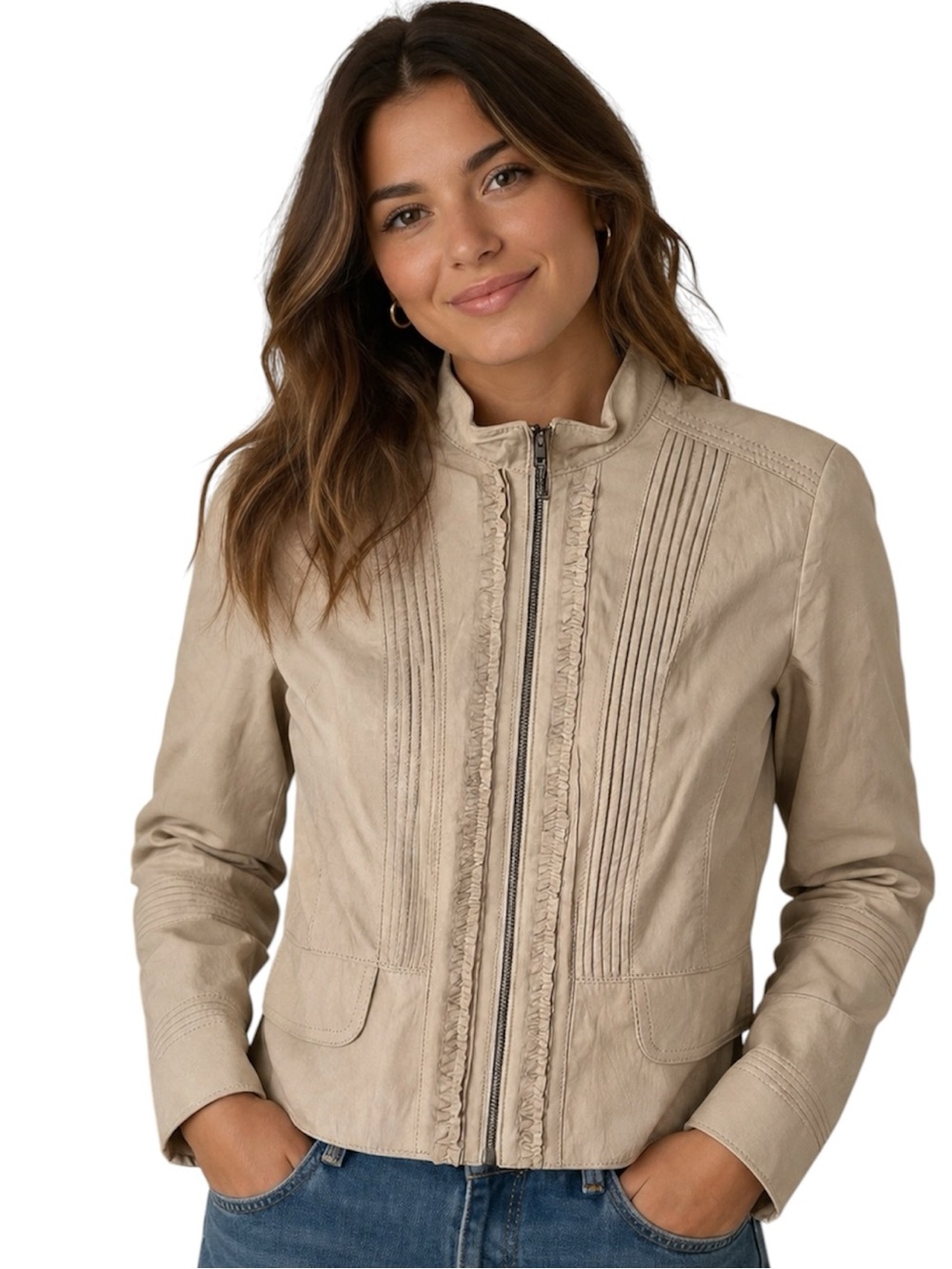 DANIER Vintage Cream Classic Zip Front Genuine Leather Jacket Size XS